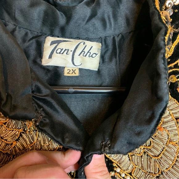 Vintage 1980s Tan-Chho Black Gold Embellished Tent Duster Coat Sold As Is - Picture 7 of 14